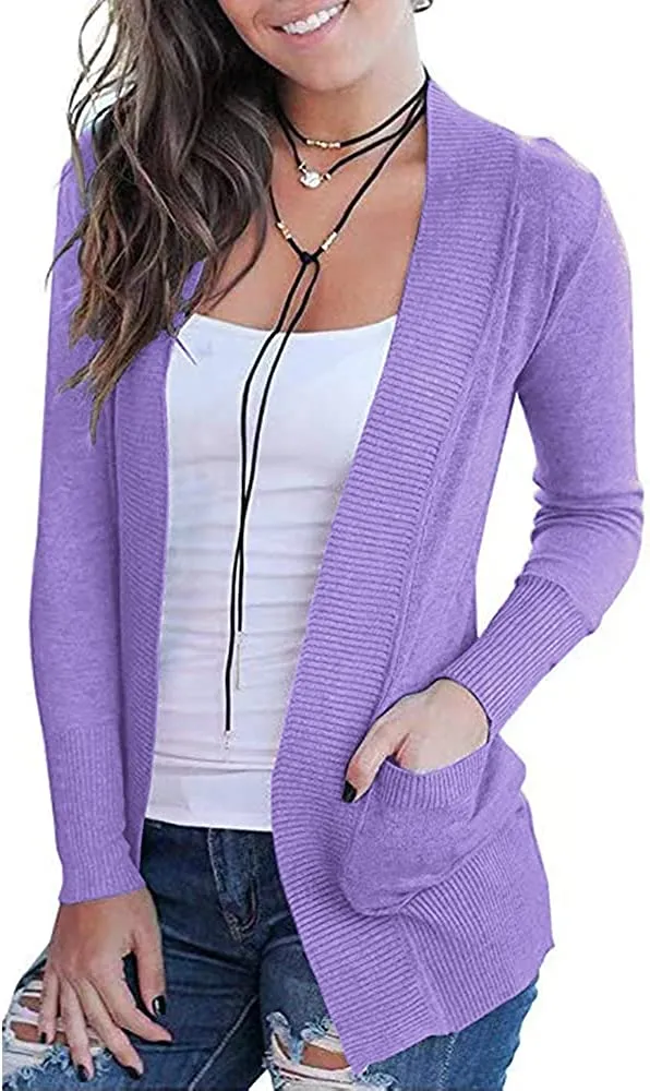 Women's Open Front Casual Long Sleeve Knit Cardigan with Pockets
