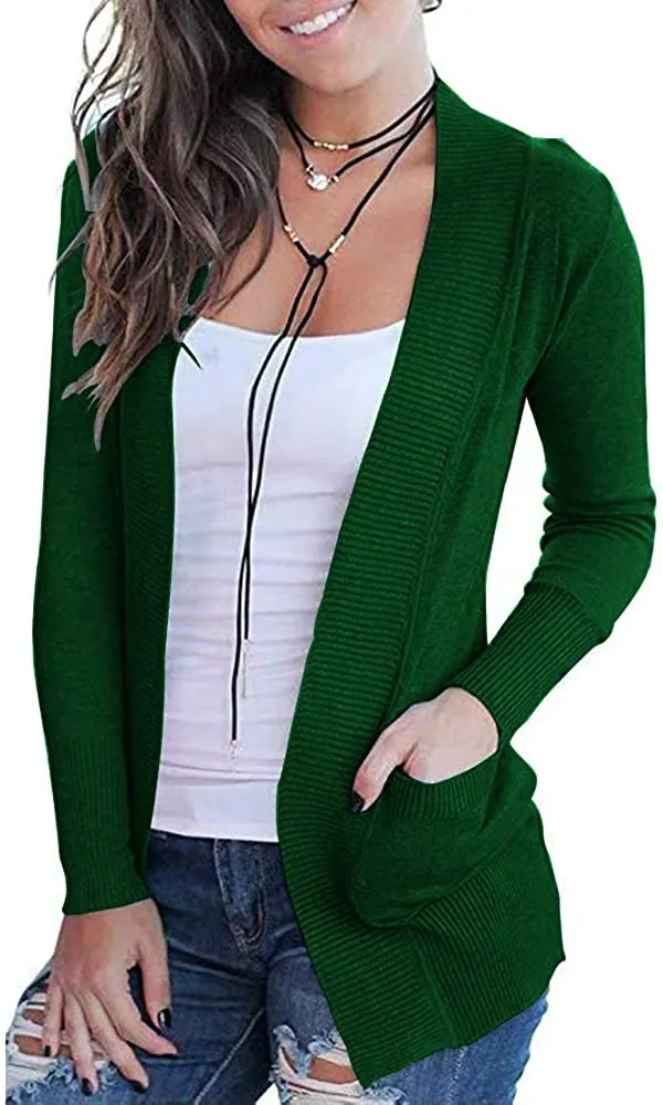 Women's Open Front Casual Long Sleeve Knit Cardigan with Pockets