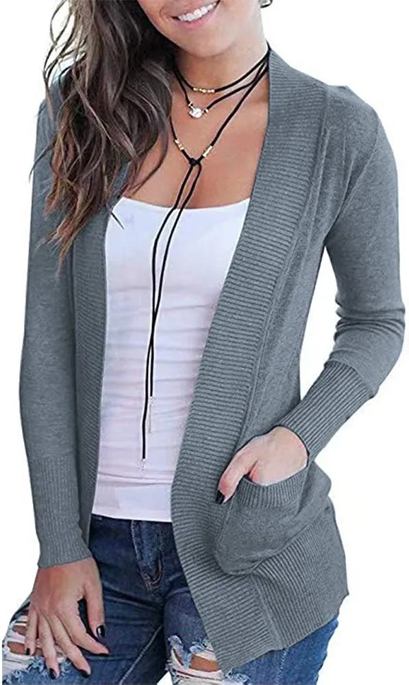 Women's Open Front Casual Long Sleeve Knit Cardigan with Pockets