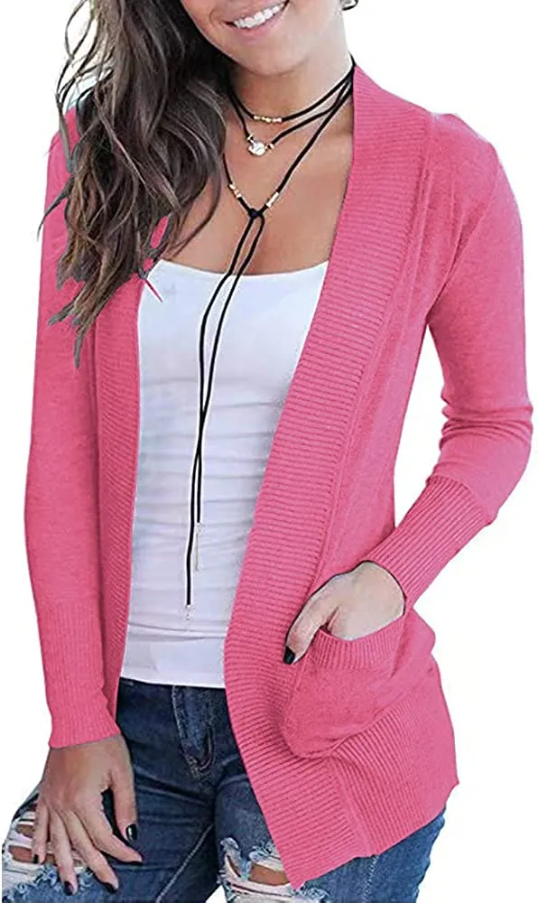 Women's Open Front Casual Long Sleeve Knit Cardigan with Pockets