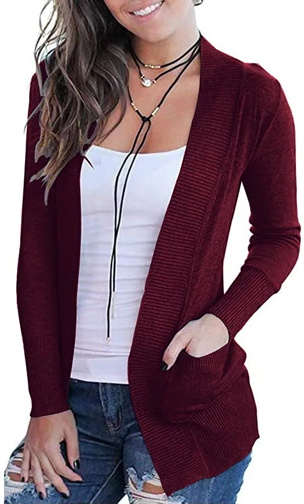 Women's Open Front Casual Long Sleeve Knit Cardigan with Pockets