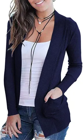 Women's Open Front Casual Long Sleeve Knit Cardigan with Pockets