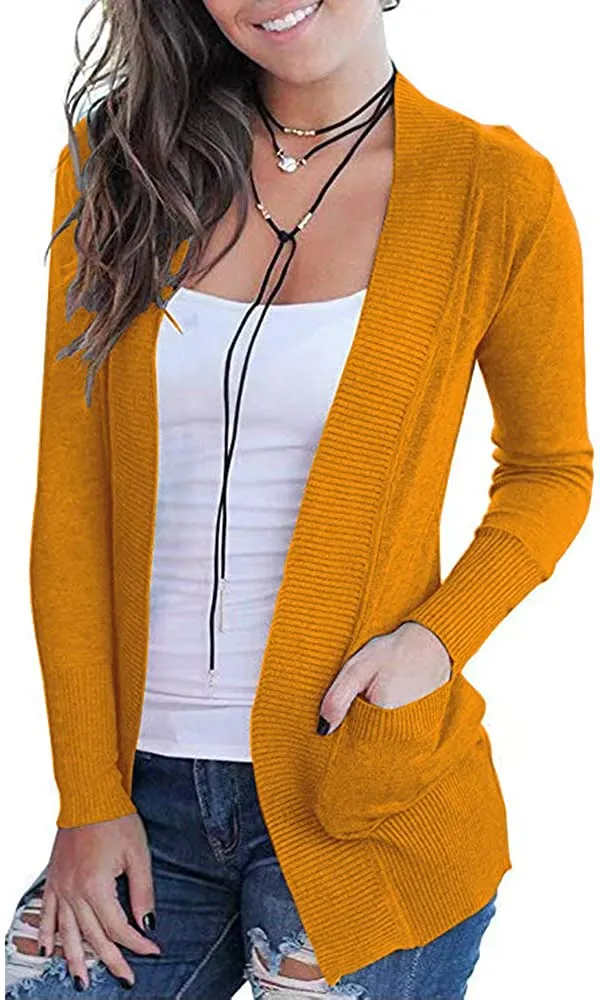 Women's Open Front Casual Long Sleeve Knit Cardigan with Pockets