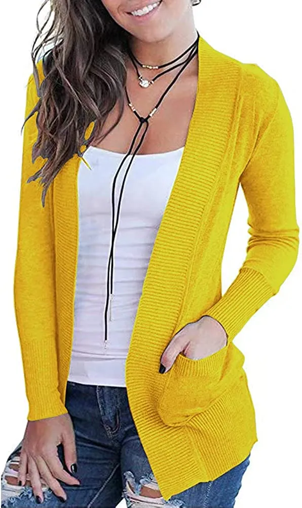 Women's Open Front Casual Long Sleeve Knit Cardigan with Pockets