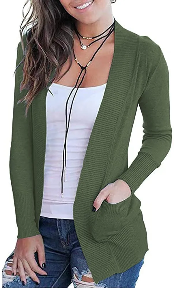 Women's Open Front Casual Long Sleeve Knit Cardigan with Pockets