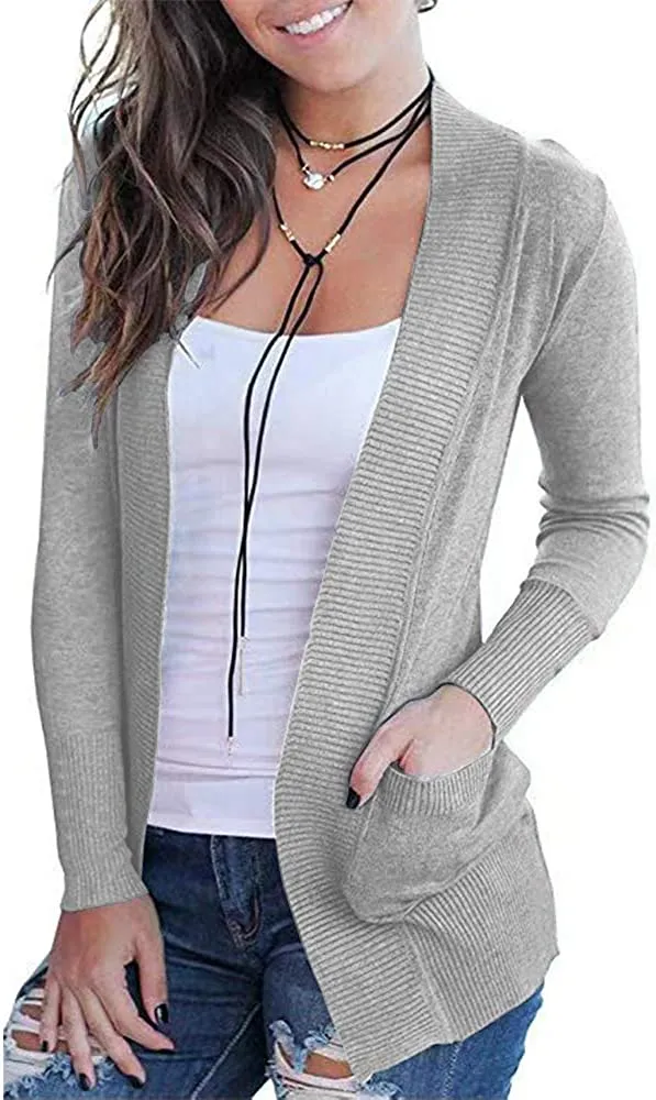 Women's Open Front Casual Long Sleeve Knit Cardigan with Pockets