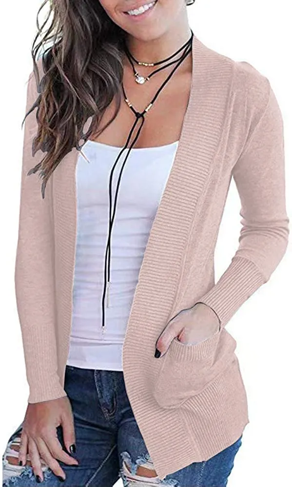 Women's Open Front Casual Long Sleeve Knit Cardigan with Pockets