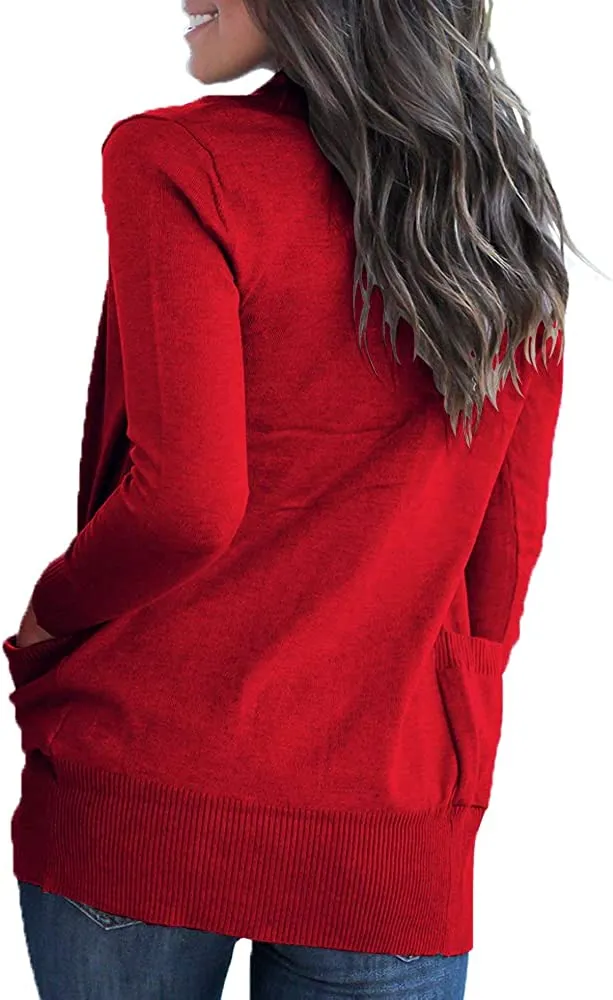 Women's Open Front Casual Long Sleeve Knit Cardigan with Pockets
