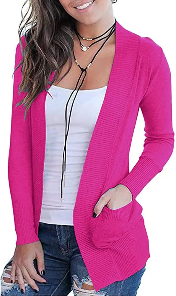 Women's Open Front Casual Long Sleeve Knit Cardigan with Pockets