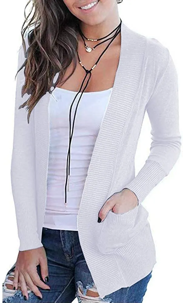 Women's Open Front Casual Long Sleeve Knit Cardigan with Pockets