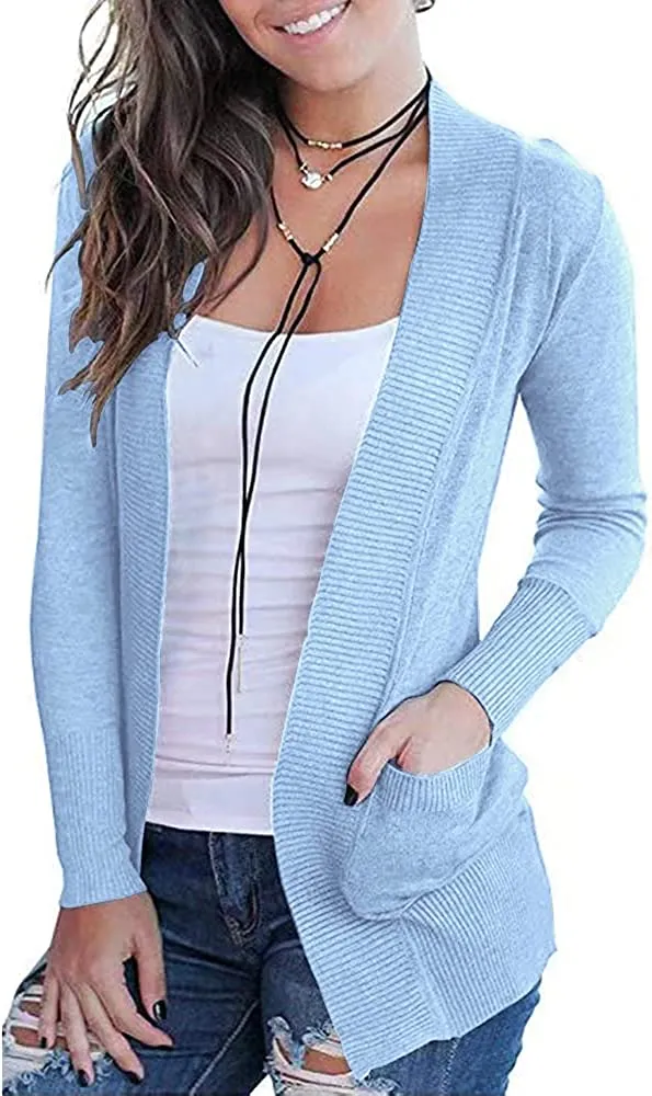 Women's Open Front Casual Long Sleeve Knit Cardigan with Pockets