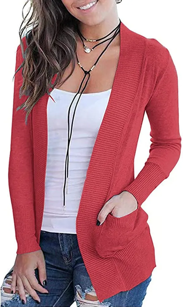 Women's Open Front Casual Long Sleeve Knit Cardigan with Pockets