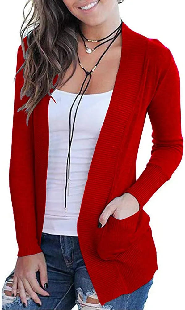 Women's Open Front Casual Long Sleeve Knit Cardigan with Pockets