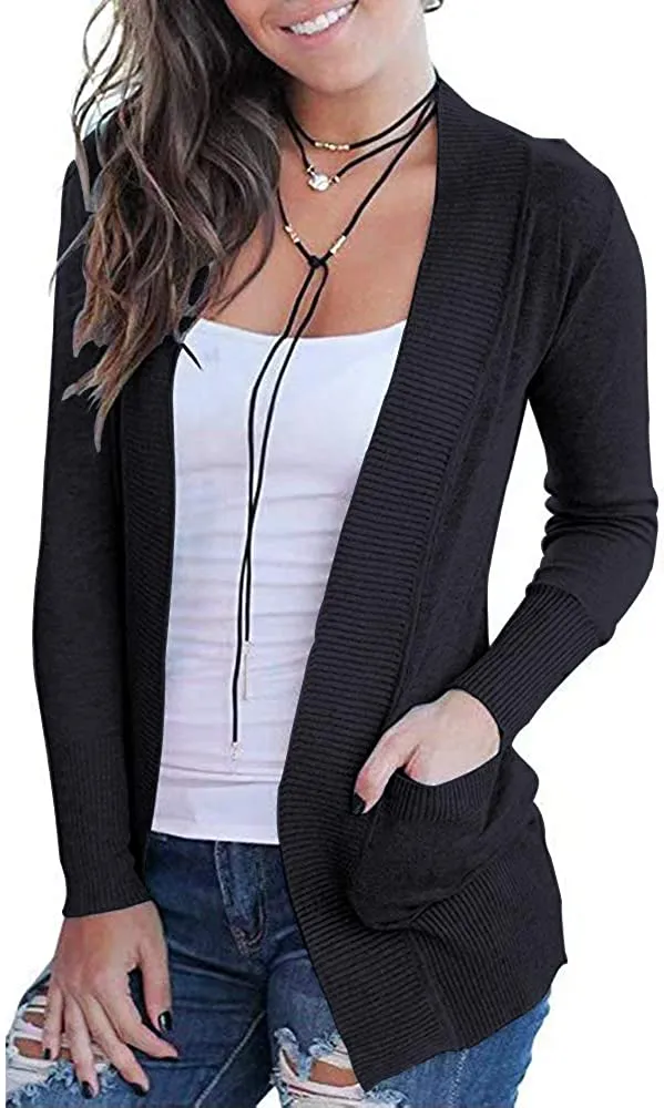 Women's Open Front Casual Long Sleeve Knit Cardigan with Pockets