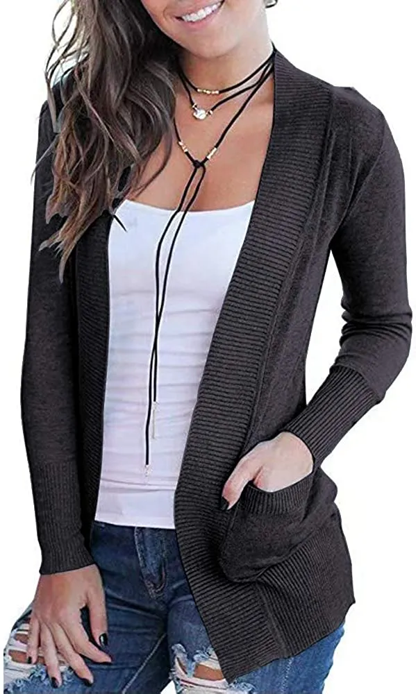 Women's Open Front Casual Long Sleeve Knit Cardigan with Pockets