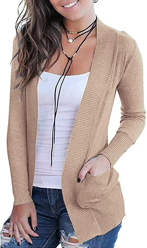 Women's Open Front Casual Long Sleeve Knit Cardigan with Pockets